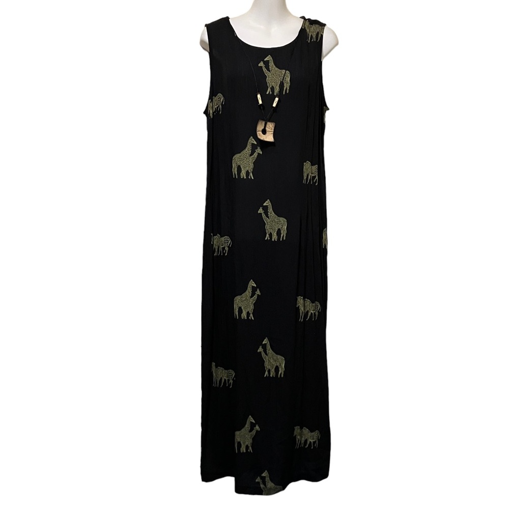 Vintage Giraffe & Zebra Animals Black Sleeveless Maxi Dress w Attached Necklace